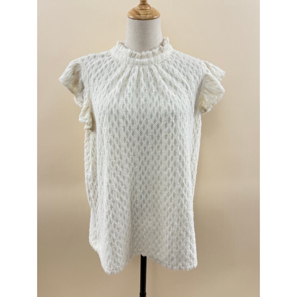 Voy Textured Sweater Too with Ruffle Cap Sleeve and Tie Back, Size M
